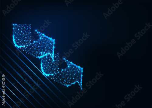 Futuristic development concept banner with glowing low polygonal arrows and copy space on blue 