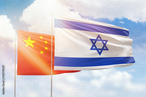 Photography Sunny blue sky and flags of israel and china