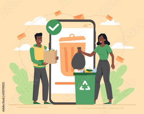 Cleaning mobile smartphone. Working with device memory, deleting unnecessary content, photos and videos. Modern technologies and digital garbage. Gadget or device. Cartoon flat vector illustration