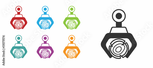 Black Grapple crane grabbed a log icon isolated on white background. Forest industry. Industrial crane for lumber trunk wood production. Set icons colorful. Vector