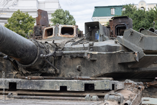 Russian tank turret. Rusty russian tank burned by the Ukrainian military during Russian invasion of Ukraine, Kiev