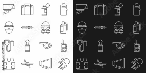 Set line Flying stone, Walkie talkie, Hand grenade, Paint spray can, Barbed wire, Special forces soldier, Security camera and Gas mask icon. Vector