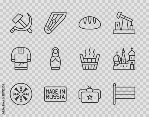 Set line Snowflake, National Russia flag, Bread loaf, Made in, Hammer and sickle USSR, Russian doll matryoshka, Ushanka and Saint Basil's Cathedral icon. Vector