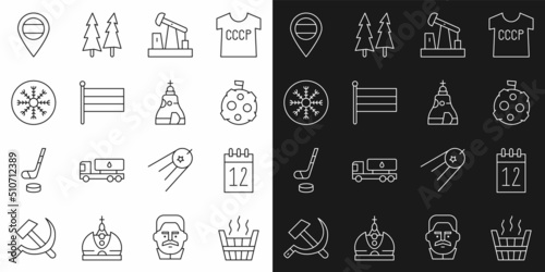 Set line Sauna bucket  Calendar 12 june  Moon with flag  Oil pump or pump jack  National Russia  Snowflake  Location and The Tsar bell icon. Vector