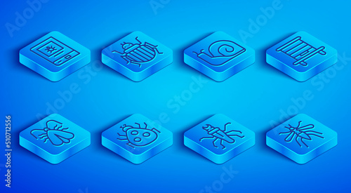 Set line Book about insect, Colorado beetle, Snail, Ladybug, Termite, Hive for bees, Clothes moth and Mosquito icon. Vector