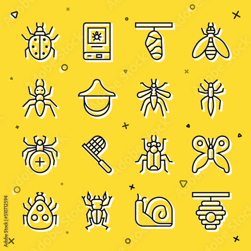Set line Hive for bees, Butterfly, Spider, cocoon, Beekeeper hat, Ant, Mite and Mosquito icon. Vector