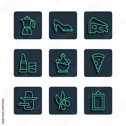 Set line Pinocchio, Olives branch, Picture, Cheese, Bottle of olive oil, Lipstick, Coffee moca pot and Slice pizza icon. Vector