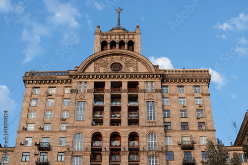 Typical soviet classicism architecture on khreshchatyk street in Kyiv, Ukraine. These apartment buildings of downtown kiev are a symbol of stalinist architecture photo