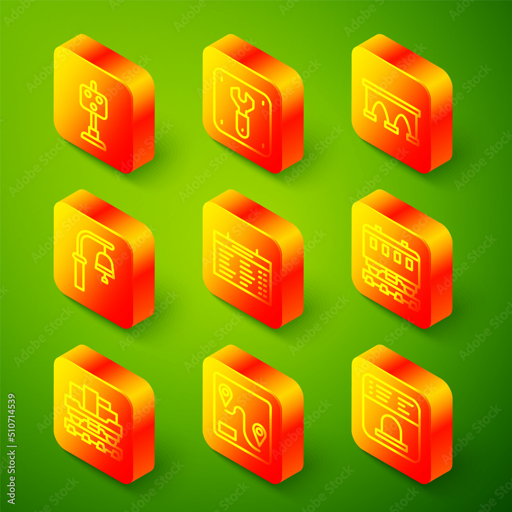 Set line Train traffic light, Repair of railway, Bridge for train, station bell, board, Passenger cars, Cargo wagon and Route location icon. Vector Set line Train traffic light, Repair of railway, Bridge for train, station bell, board, Passenger cars, Cargo wagon and Route location icon. Vector