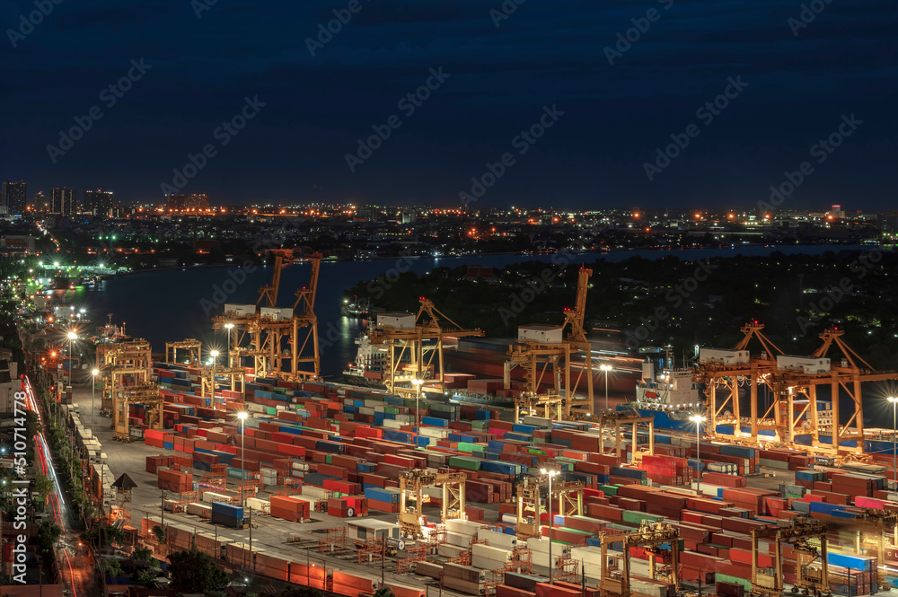 Naklejka premium Container cargo ship logistics and transportation including import, export and transit.