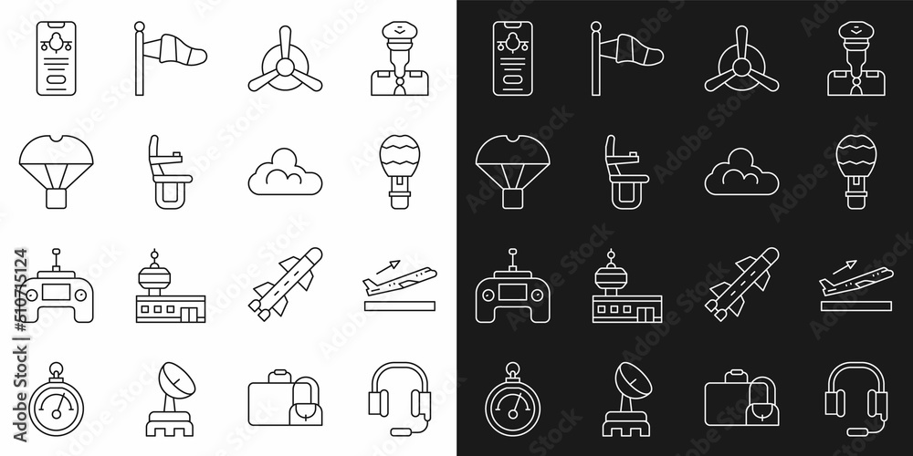 Set line Headphones with microphone, Plane takeoff, Hot air balloon, propeller, Airplane seat, Box flying parachute, Mobile ticket and Cloud weather icon. Vector
