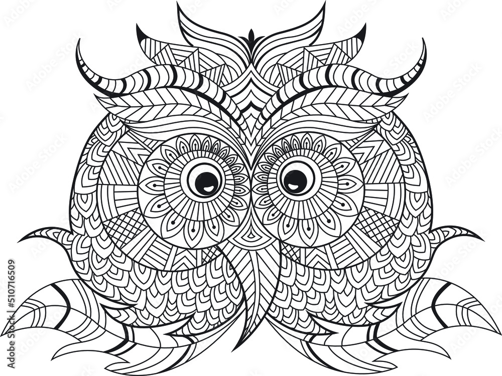 Mandala Coloring Owl Bird, Black and white hand drawn illustration for