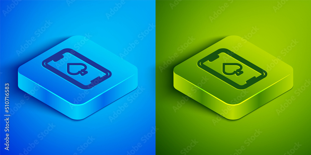 Isometric line Online poker table game icon isolated on blue and green background. Online casino. Square button. Vector Isometric line Online poker table game icon isolated on blue and green background. Online casino. Square button. Vector