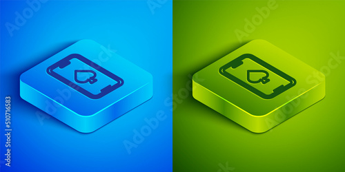 Isometric line Online poker table game icon isolated on blue and green background. Online casino. Square button. Vector