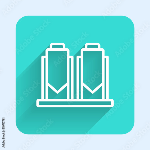 White line Traditional brewing vessels in brewery icon isolated with long shadow background. Beer brewing process. Distillery plant, brewery. Green square button. Vector
