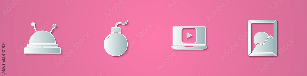 Set paper cut Needle bed and needles, Bomb ready to explode, Online play video and Picture landscape icon. Paper art style. Vector Set paper cut Needle bed and needles, Bomb ready to explode, Online play video and Picture landscape icon. Paper art style. Vector