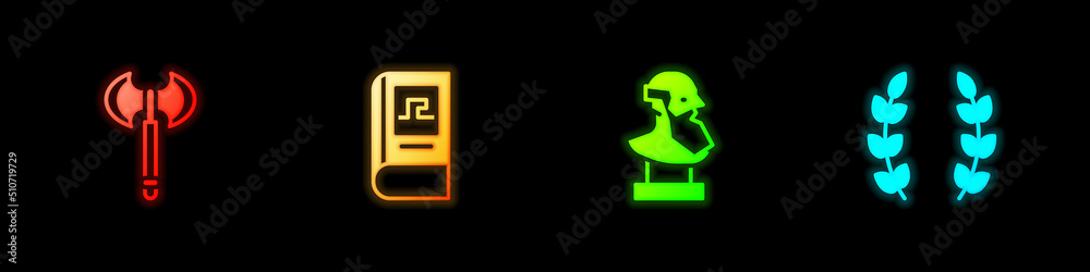 Set Medieval axe, Greek history book, Ancient bust sculpture and Laurel wreath icon. Vector Set Medieval axe, Greek history book, Ancient bust sculpture and Laurel wreath icon. Vector