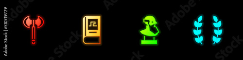 Set Medieval axe, Greek history book, Ancient bust sculpture and Laurel wreath icon. Vector