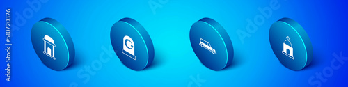 Set Isometric Old crypt, Hearse car, and Muslim cemetery icon. Vector