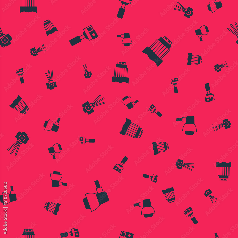 Set Softbox light, Action camera, Photo and Camera photo lens on seamless pattern. Vector Set Softbox light, Action camera, Photo and Camera photo lens on seamless pattern. Vector