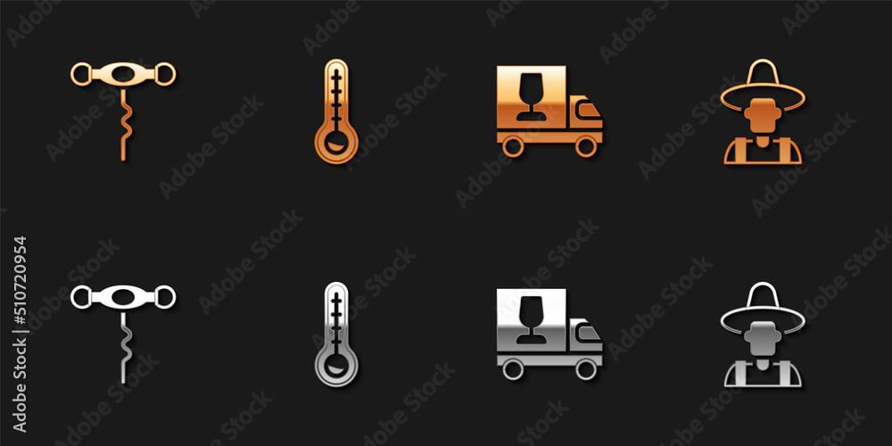 Set Wine corkscrew, Meteorology thermometer, truck and Farmer hat icon. Vector Set Wine corkscrew, Meteorology thermometer, truck and Farmer hat icon. Vector