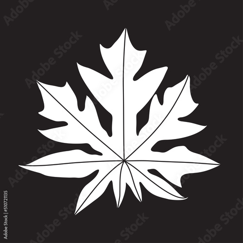 Papaya leaf silhouette, white color on black background, flat vector illustration