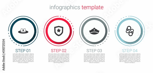 Set Sheriff hat with badge, Police, cap cockade and Handcuffs. Business infographic template. Vector
