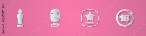 Set paper cut Movie trophy, Microphone, Walk of fame star and Plus 18 movie icon. Paper art style. Vector
