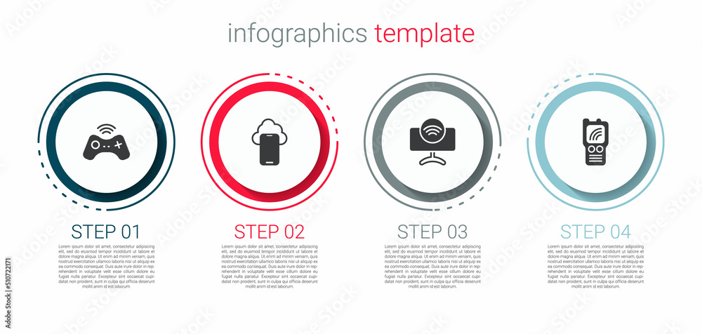 Set Wireless gamepad, Cloud technology data, Smart Tv system and Walkie talkie. Business infographic template. Vector Set Wireless gamepad, Cloud technology data, Smart Tv system and Walkie talkie. Business infographic template. Vector
