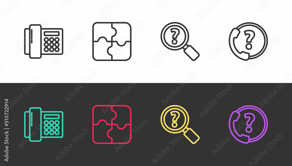 Set line Telephone, Piece of puzzle, Unknown search and 24 hours support on black and white. Vector