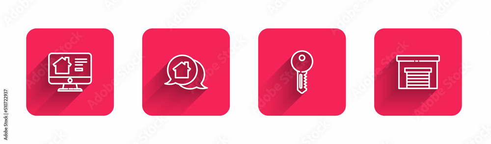 Set line Online real estate house, Real message, House key and Garage with long shadow. Red square button. Vector Set line Online real estate house, Real message, House key and Garage with long shadow. Red square button. Vector