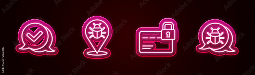 Set line Check mark in speech bubble, System bug, Credit card with lock and . Glowing neon icon. Vector Set line Check mark in speech bubble, System bug, Credit card with lock and . Glowing neon icon. Vector