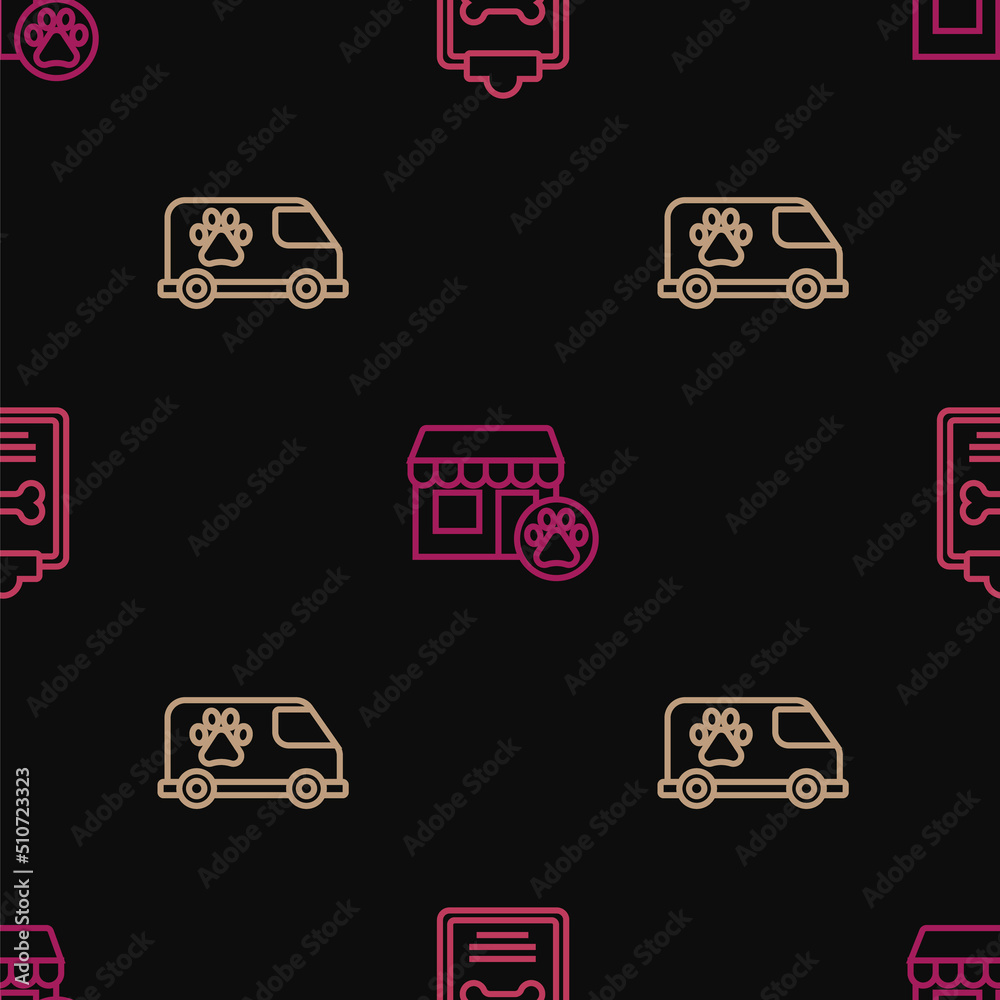 Set line Clinical record pet, Veterinary ambulance and hospital on seamless pattern. Vector