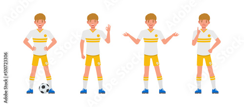 Set of Soccer and football player man character vector design. Presentation in various action with emotions, running, standing and walking.