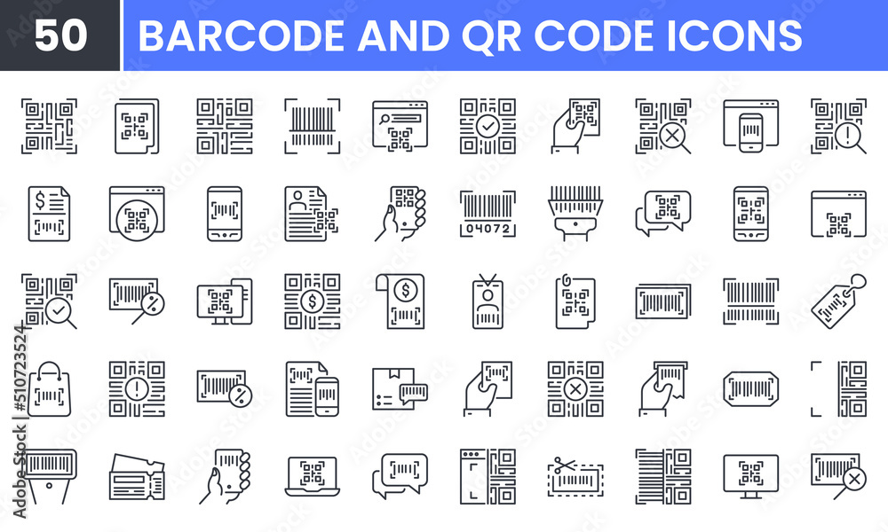 Barcode and QR Code vector line icon set. Contains linear outline icons like Scan, Check, Label, Qr, Ticket, Identification, Reader, Bar. Editable use and stroke for web.