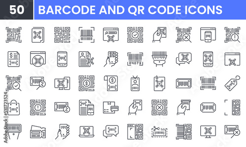 Barcode and QR Code vector line icon set. Contains linear outline icons like Scan, Check, Label, Qr, Ticket, Identification, Reader, Bar. Editable use and stroke for web. © Gofficon