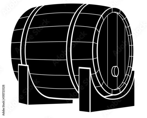 Wooden barrel lying on a stand - vector silhouette element for a logo or pictogram. Barrel lying on its side for sign or icon