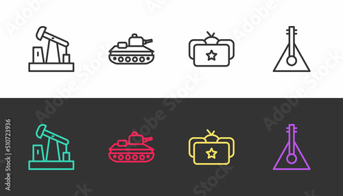 Set line Oil pump or pump jack, Military tank, Ushanka and Balalaika on black and white. Vector