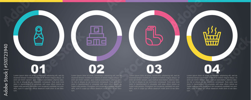 Set line Russian doll matryoshka, Mausoleum of Lenin, Valenki and Sauna bucket. Business infographic template. Vector