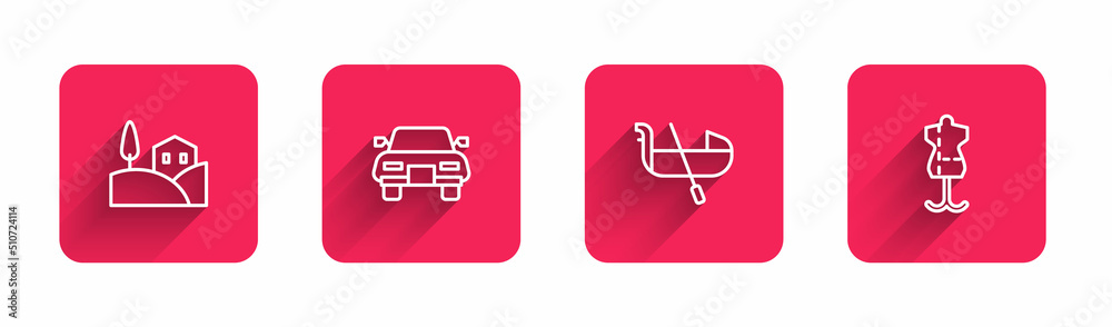 Set line Village landscape, Car, Gondola and Mannequin with long shadow. Red square button. Vector Set line Village landscape, Car, Gondola and Mannequin with long shadow. Red square button. Vector