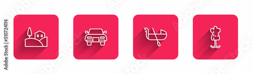 Set line Village landscape, Car, Gondola and Mannequin with long shadow. Red square button. Vector