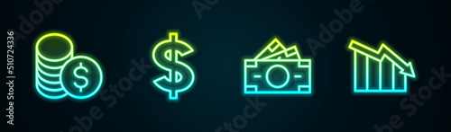 Set line Coin money with dollar, Dollar symbol, Stacks paper cash and Financial growth decrease. Glowing neon icon. Vector