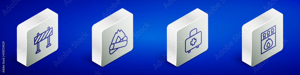 Set Isometric line Road barrier, Campfire, First aid kit and Matchbox and matches icon. Vector Set Isometric line Road barrier, Campfire, First aid kit and Matchbox and matches icon. Vector