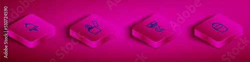 Set Isometric line Ringing alarm bell, Lighter, Smoke system and Fire bucket icon. Vector