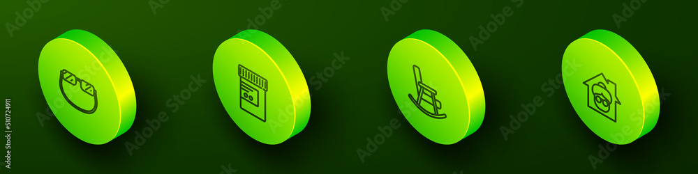 Set Isometric line Eyeglasses, Medicine bottle and pills, Rocking chair and Nursing home icon. Vector