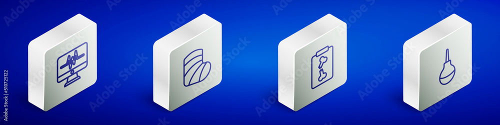 Set Isometric line Monitor with cardiogram, Gypsum, X-ray shots and Enema icon. Vector Set Isometric line Monitor with cardiogram, Gypsum, X-ray shots and Enema icon. Vector