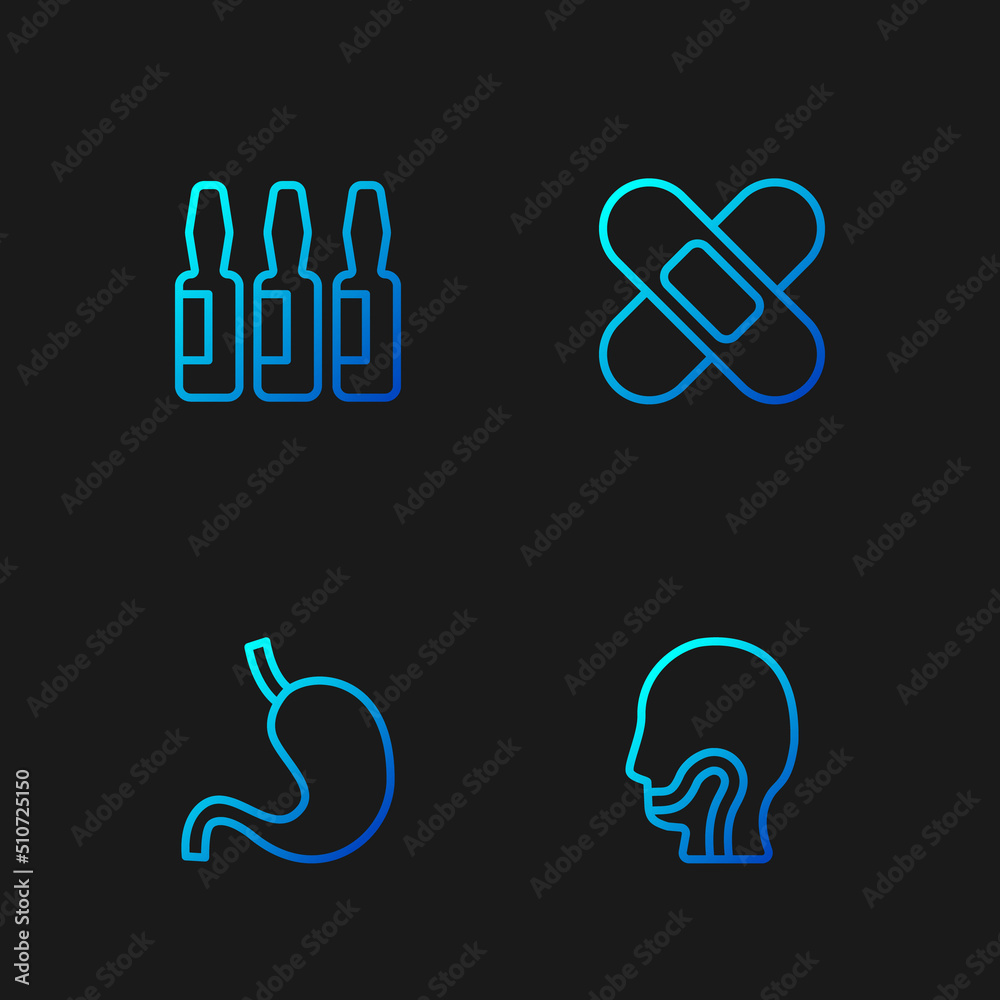 Obraz premium Set line Sore throat, Human stomach, Medical vial, ampoule and Crossed bandage plaster. Gradient color icons. Vector