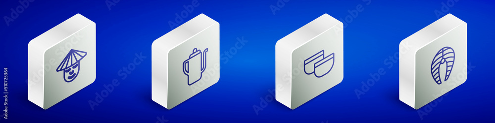 Set Isometric line Chinese man, tea ceremony, and Fish steak icon. Vector Set Isometric line Chinese man, tea ceremony, and Fish steak icon. Vector