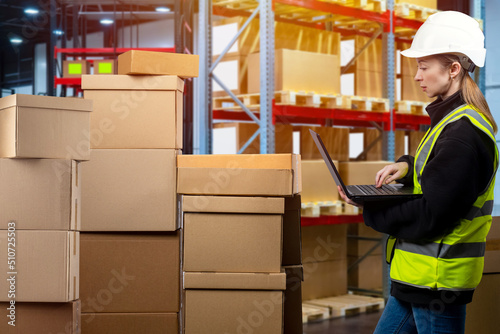 Warehouse worker woman. Girl with laptop next to boxes. Woman in yellow vest works in warehouse. Lady concept deals with warehouse logistics. Near distribution center manager with shelving