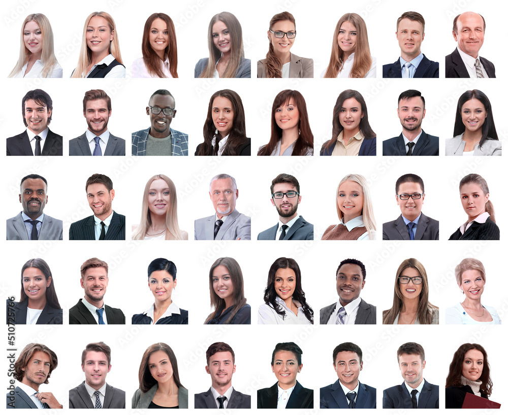collage of portraits of successful employees isolated on white collage of portraits of successful employees isolated on white